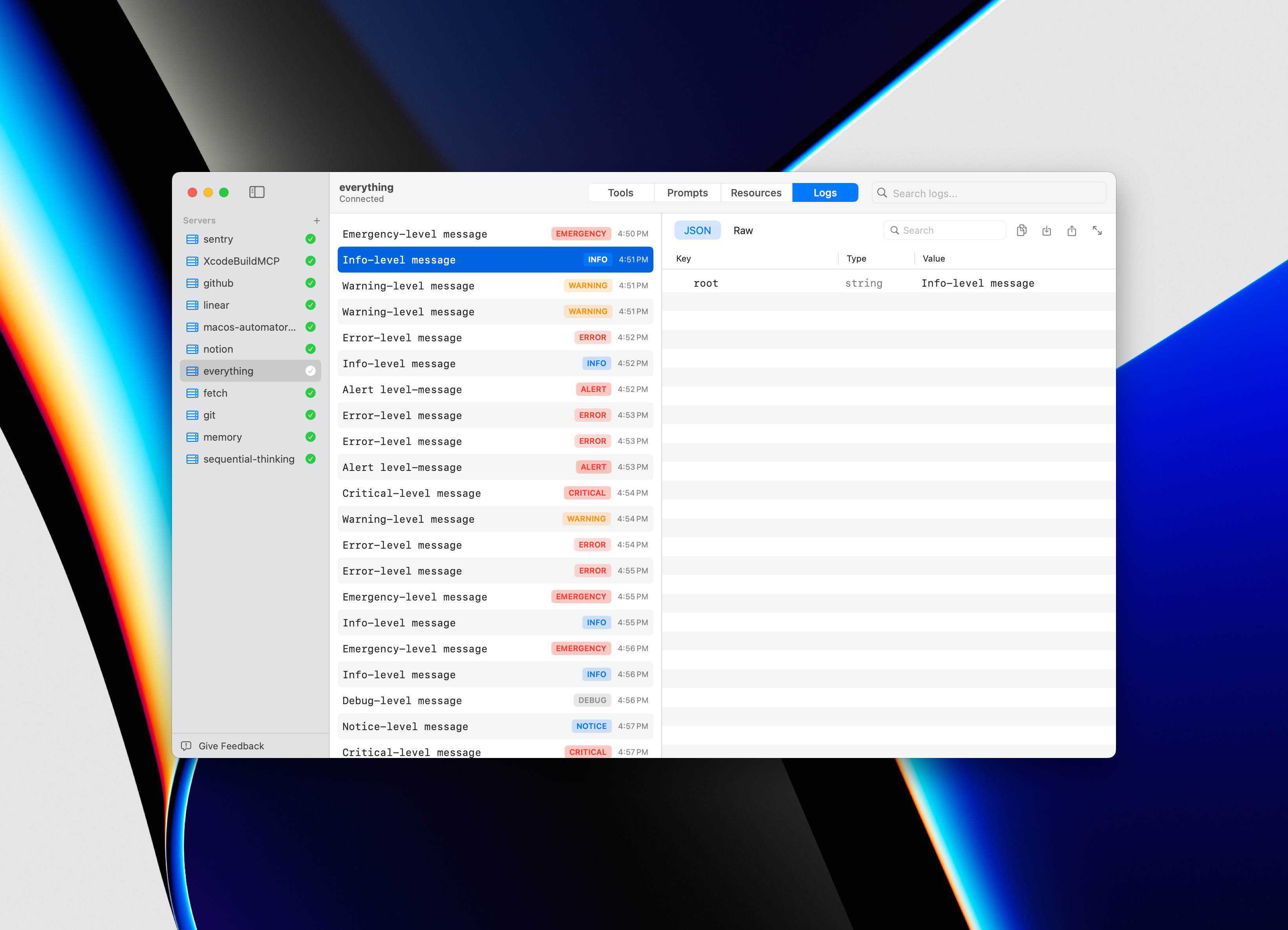 Context app showing detailed log analysis with JSON viewer.