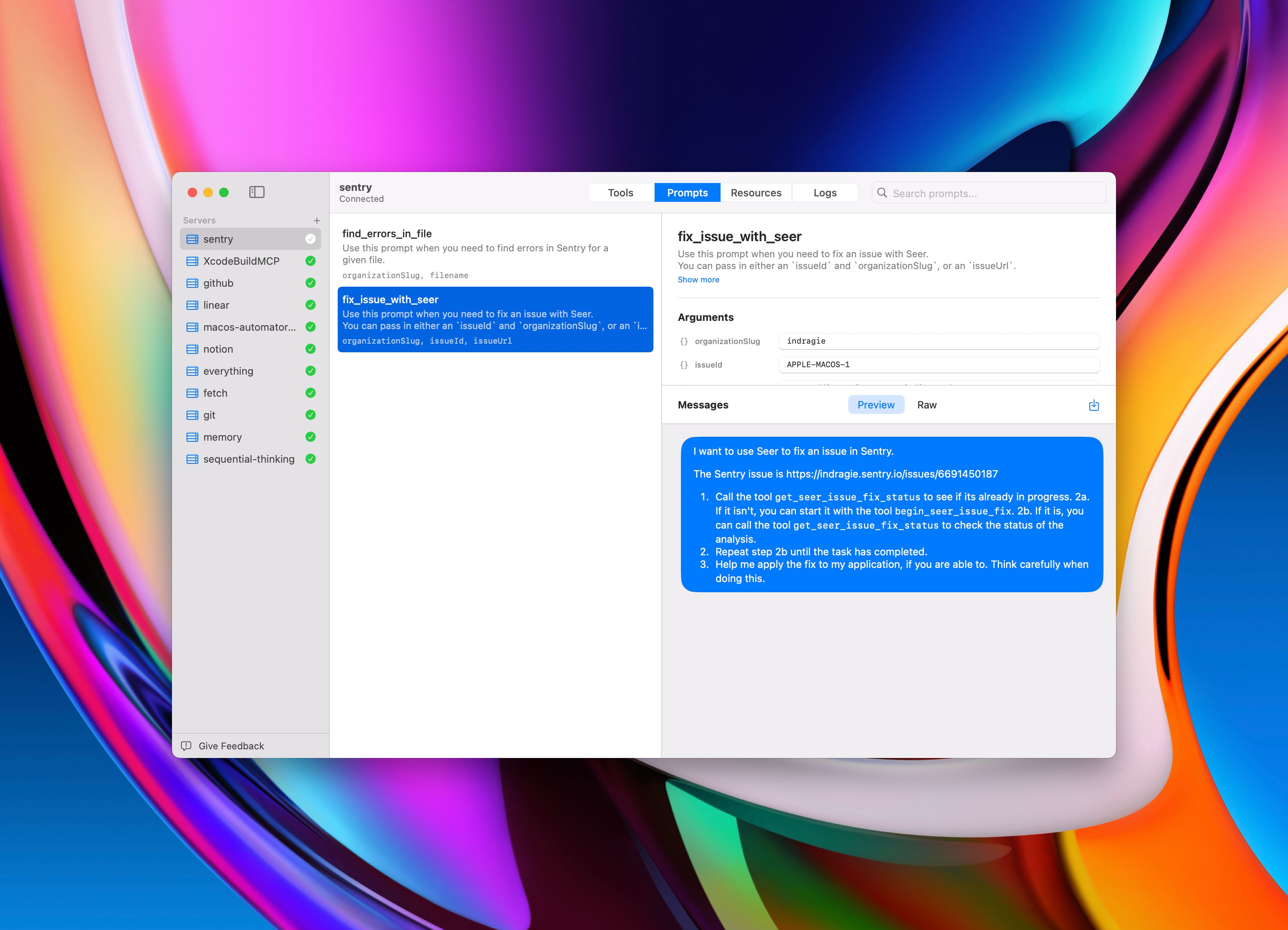 Context app showcasing prompt execution with arguments and response.