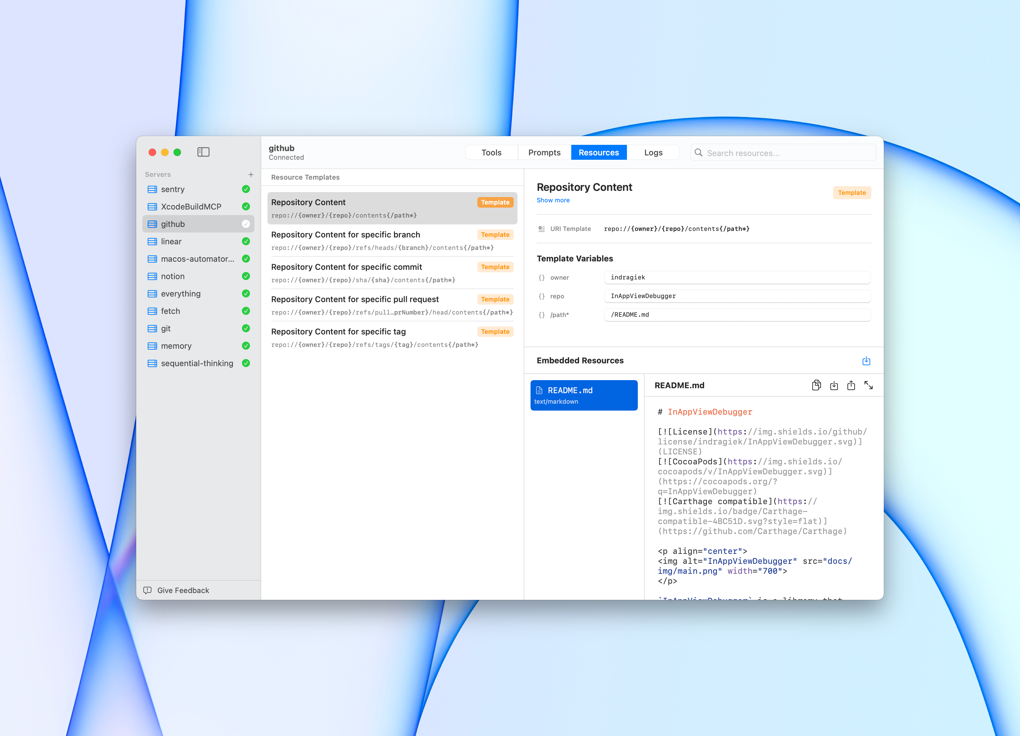 Context app showing resource templates and Markdown preview.